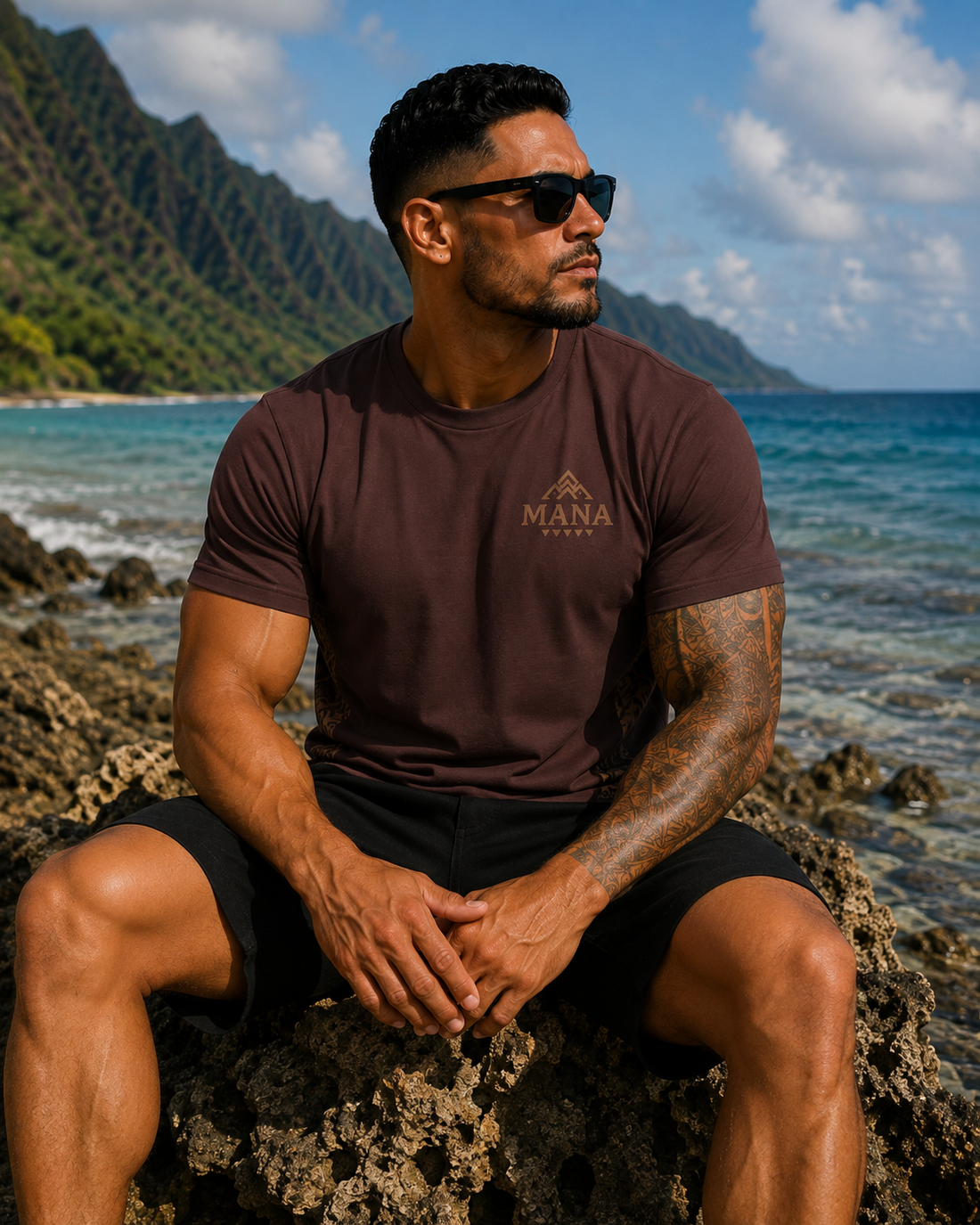 Man wearing Mana tee on reef by the ocean