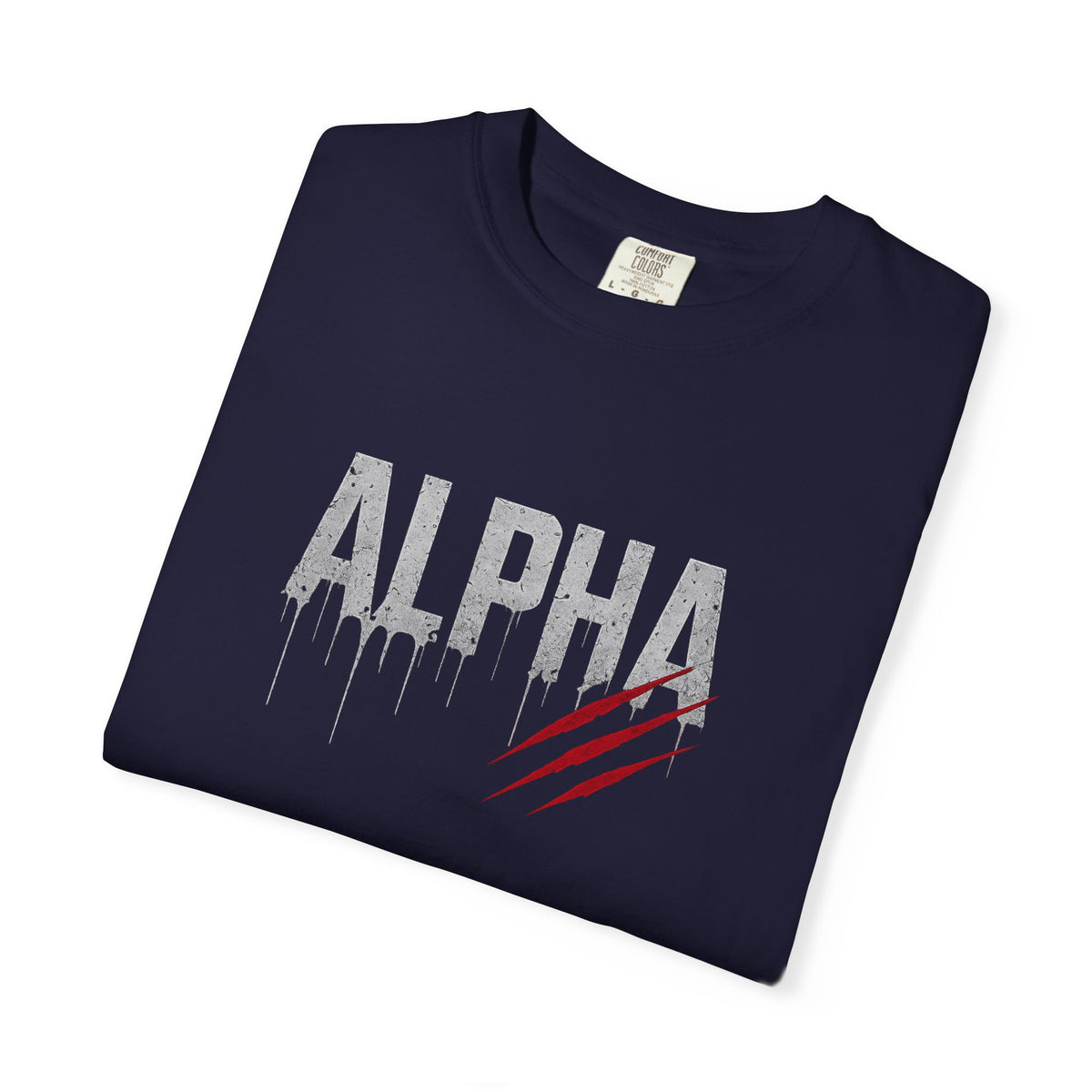 Folded navy blue t-shirt with white text on a white background