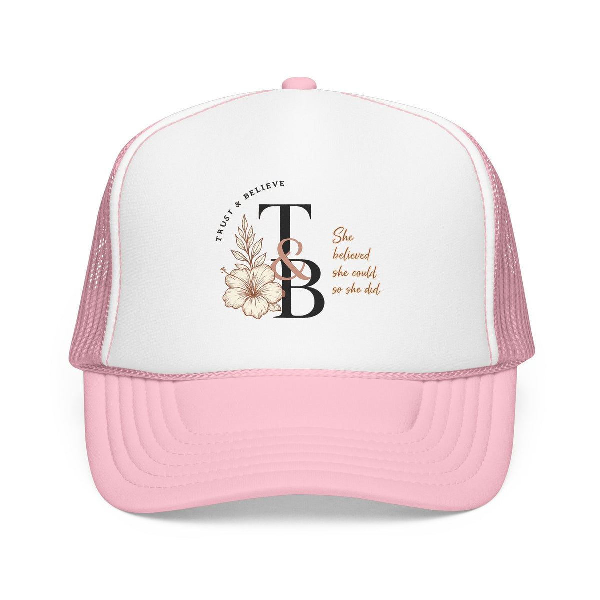 Trucker Hat — 'She Believed She Could So She Did' Floral Monogram