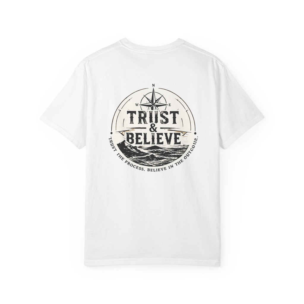 White t-shirt with a graphic of a person in a sailboat on a white background