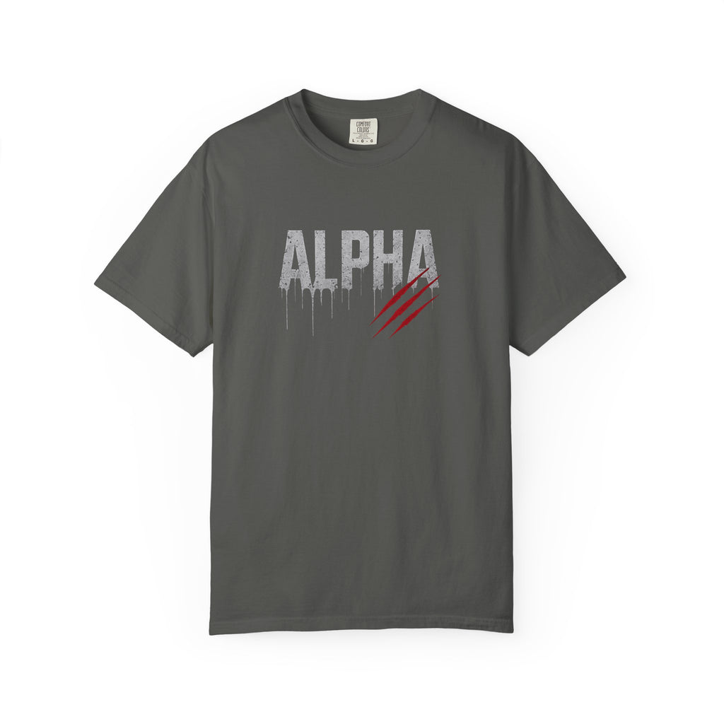 Gray t-shirt with 'Alpha' print on a white background