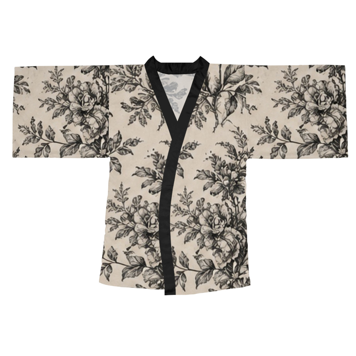 Floral Toile Kimono Robe — Long Sleeve Vintage Rose Lounge Jacket