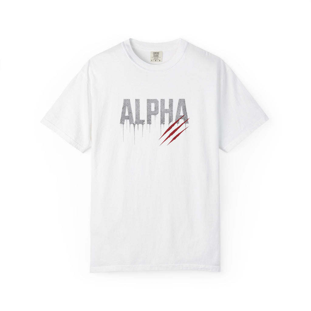 White t-shirt with 'Alpha' logo on a white background