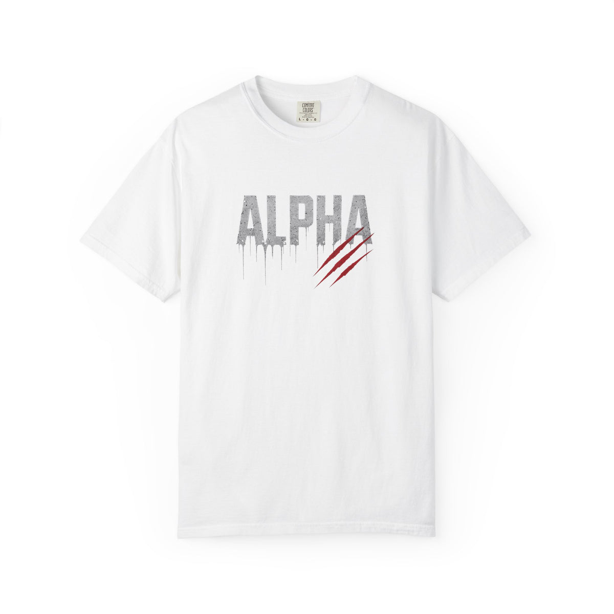 White t-shirt with 'Alpha' logo on a white background