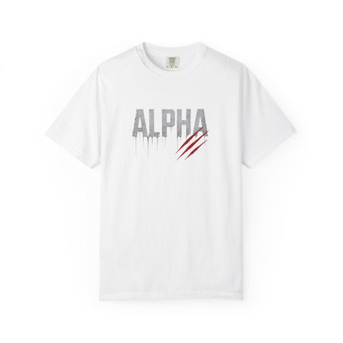 White t-shirt with 'Alpha' logo on a white background