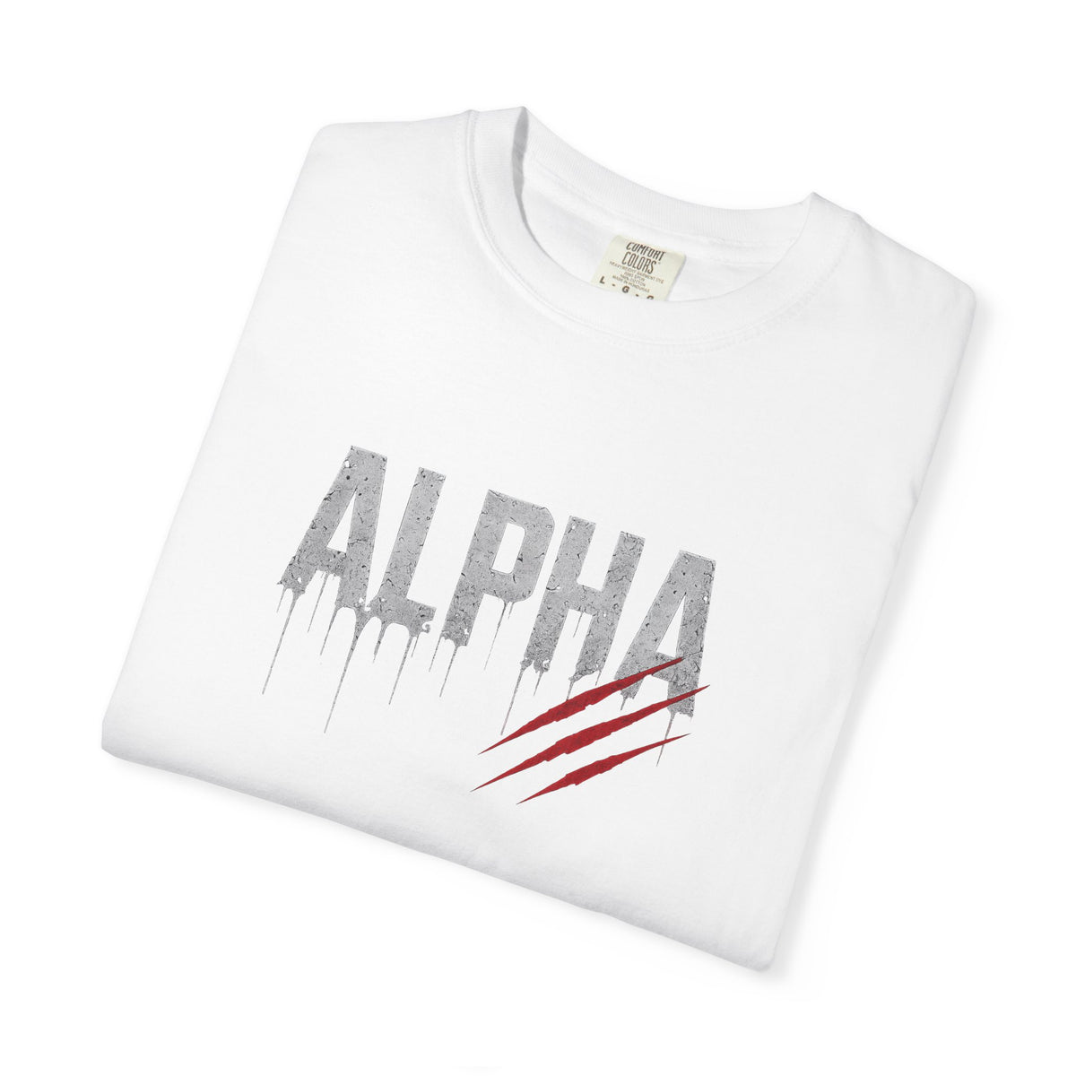 White t-shirt with 'Alpha' graphic design on a white background