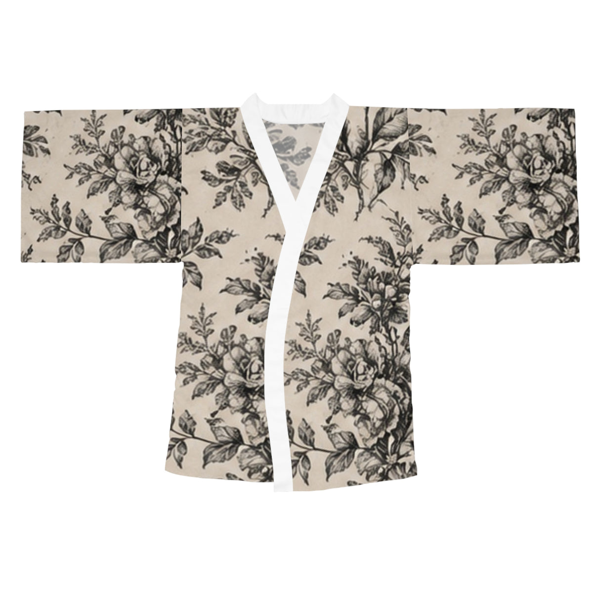 Floral Toile Kimono Robe — Long Sleeve Vintage Rose Lounge Jacket