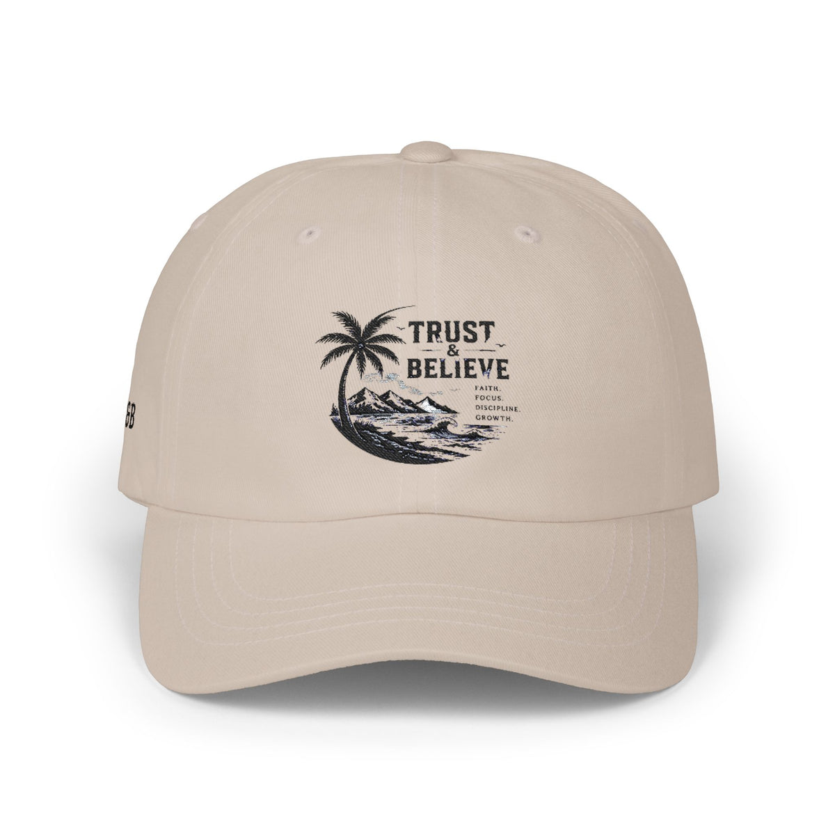 Dad Cap – "Trust & Believe" Palm Tree Wave Embroidered Hat