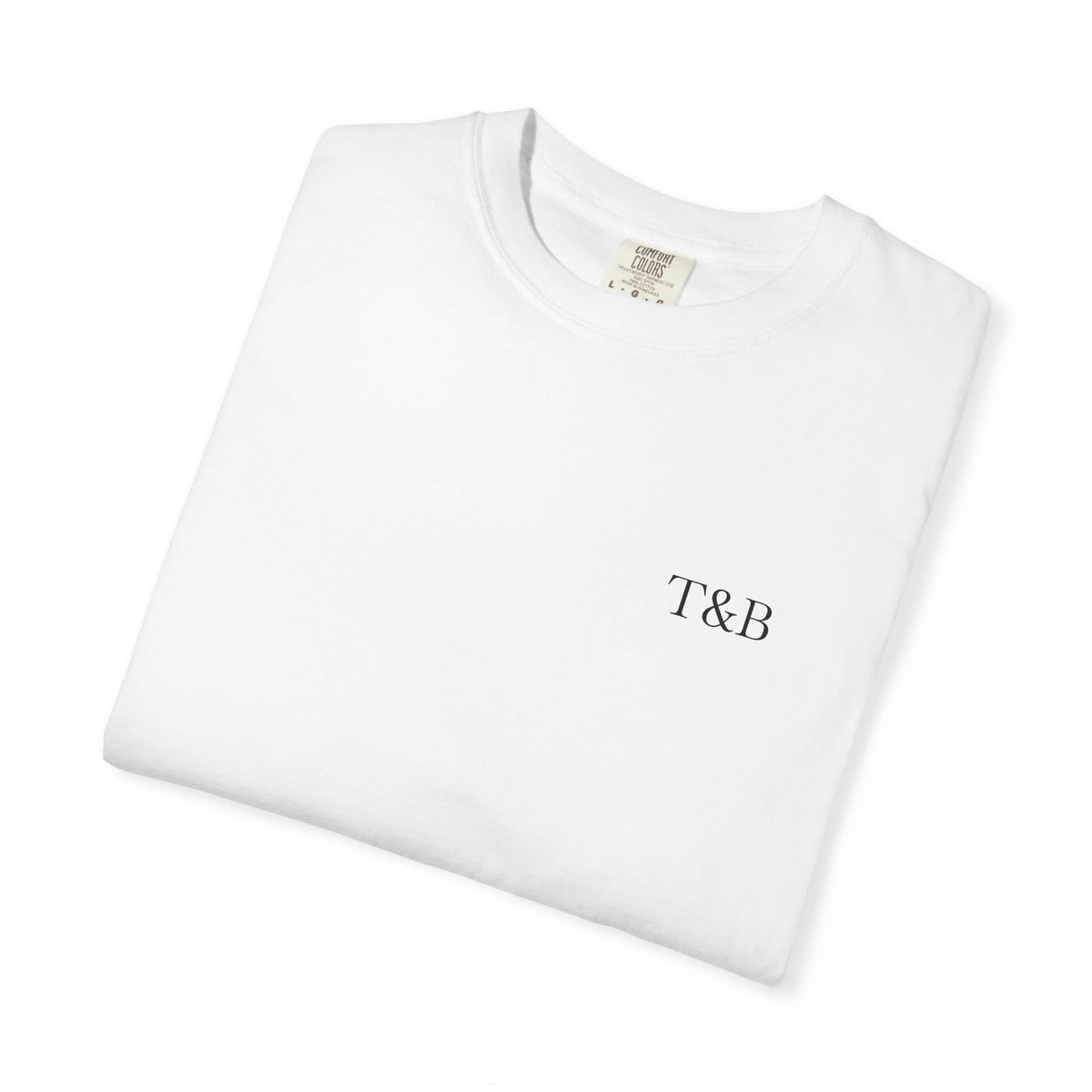 White t-shirt with 'T&B' logo on a white background