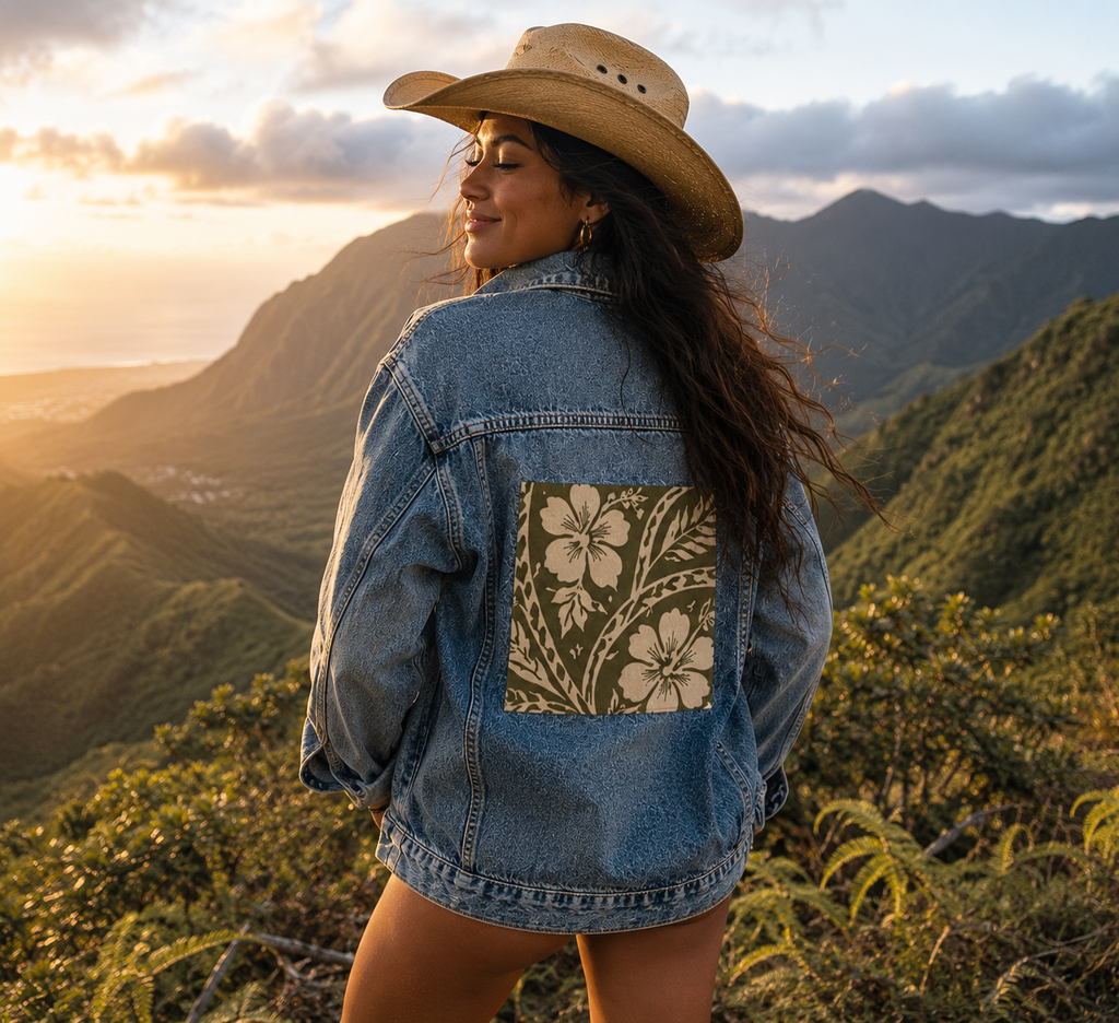 Damen-Jeansjacke – Hibiscus Aloha Spirit Bestickt