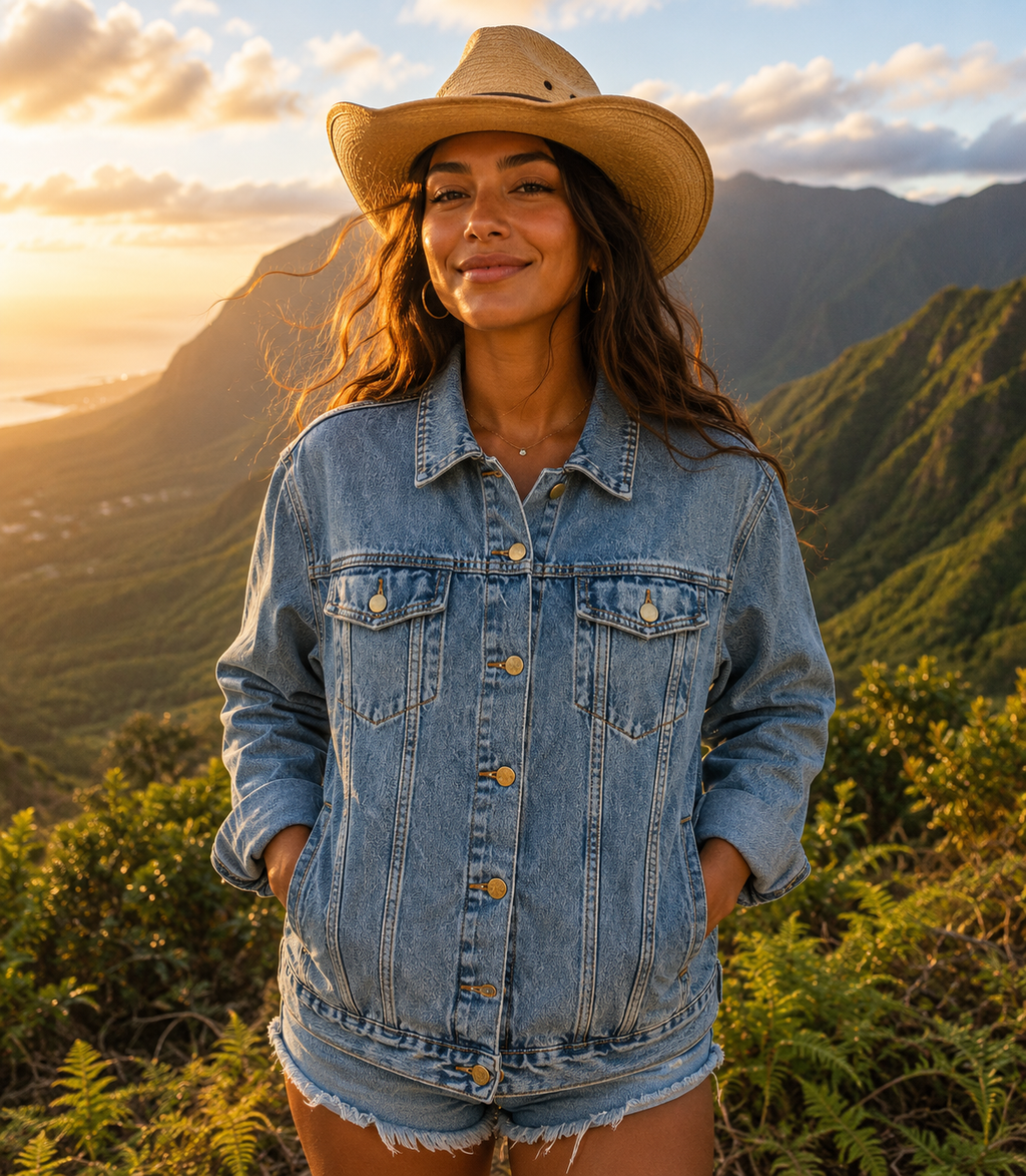 Damen-Jeansjacke – Hibiscus Aloha Spirit Bestickt