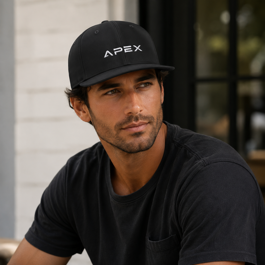 Gorra Snapback Apex Bordada de Visera Plana — Gorra Urbana Negra con Estilo