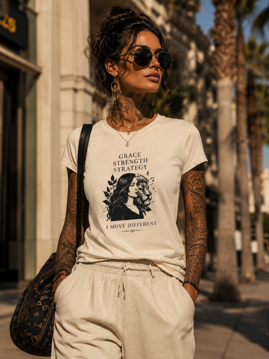 Damen T-Shirt mit Grafik – „Anmut Stärke Strategie: Ich bewege mich anders“ – Inspirierendes Shirt für Frauen