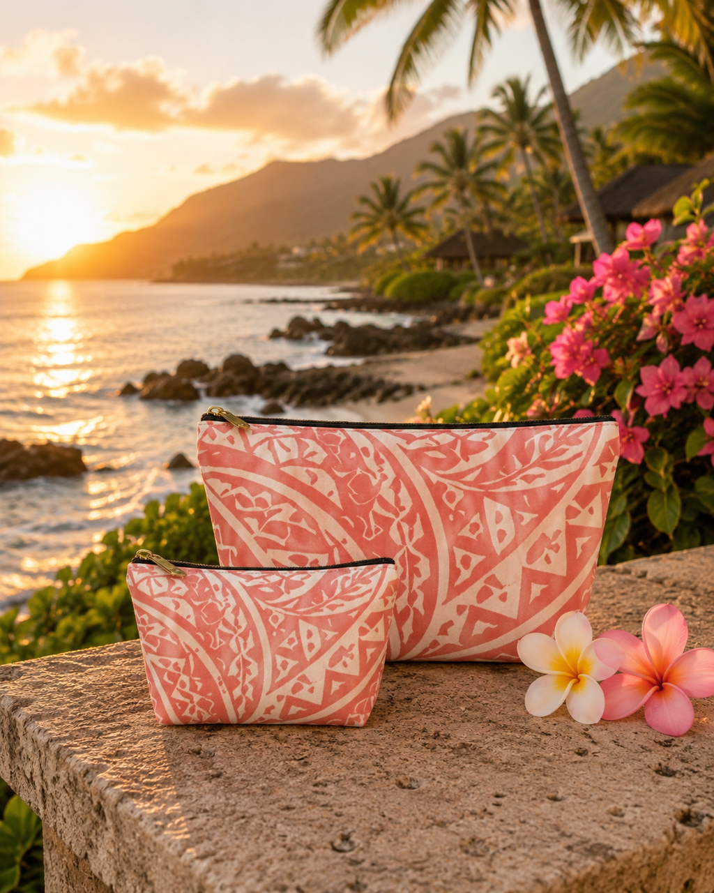 Bolsa de accesorios Maui Pink Lau Ti Leaf — Estuche de viaje con base en T