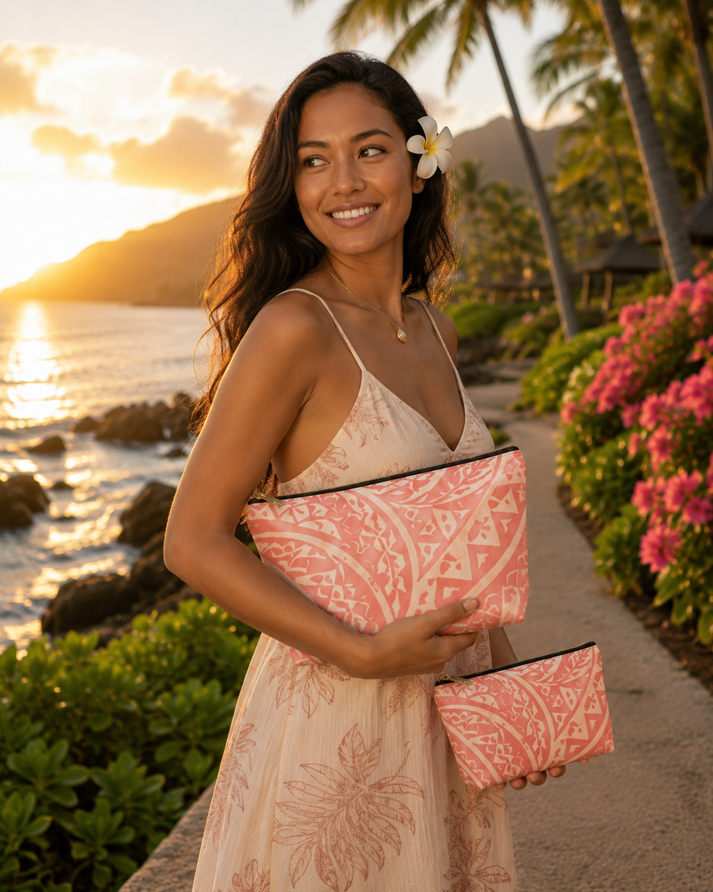 Bolsa de accesorios Maui Pink Lau Ti Leaf — Estuche de viaje con base en T