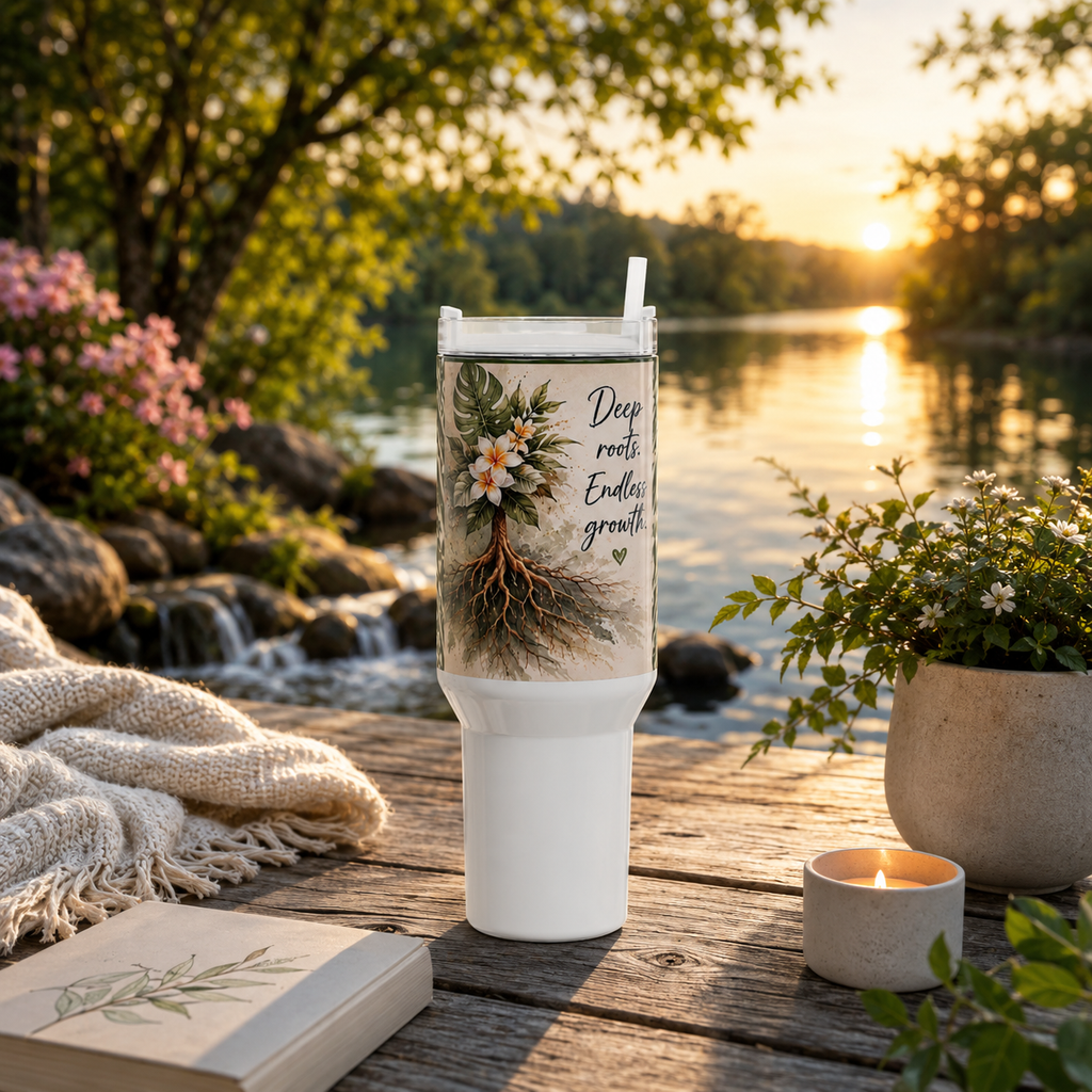 Vaso térmico Floral Roots de 40 oz — Diseño tribal Mauna "Raíces profundas, crecimiento interminable" Taza de viaje
