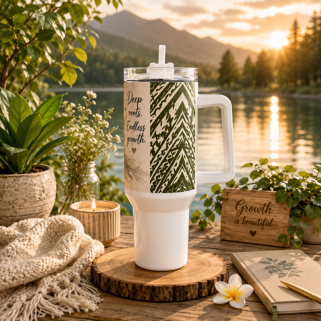 Vaso térmico Floral Roots de 40 oz — Diseño tribal Mauna "Raíces profundas, crecimiento interminable" Taza de viaje