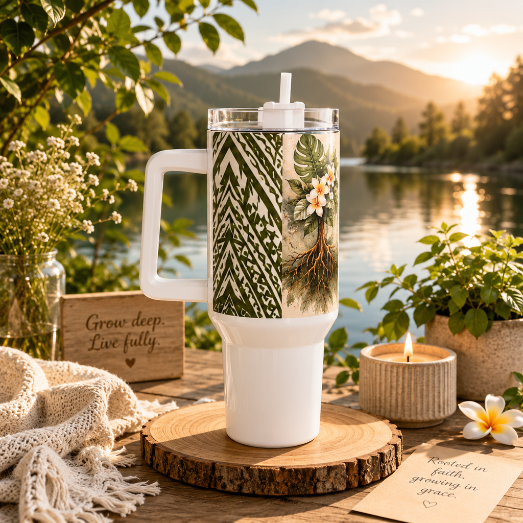 Vaso térmico Floral Roots de 40 oz — Diseño tribal Mauna "Raíces profundas, crecimiento interminable" Taza de viaje