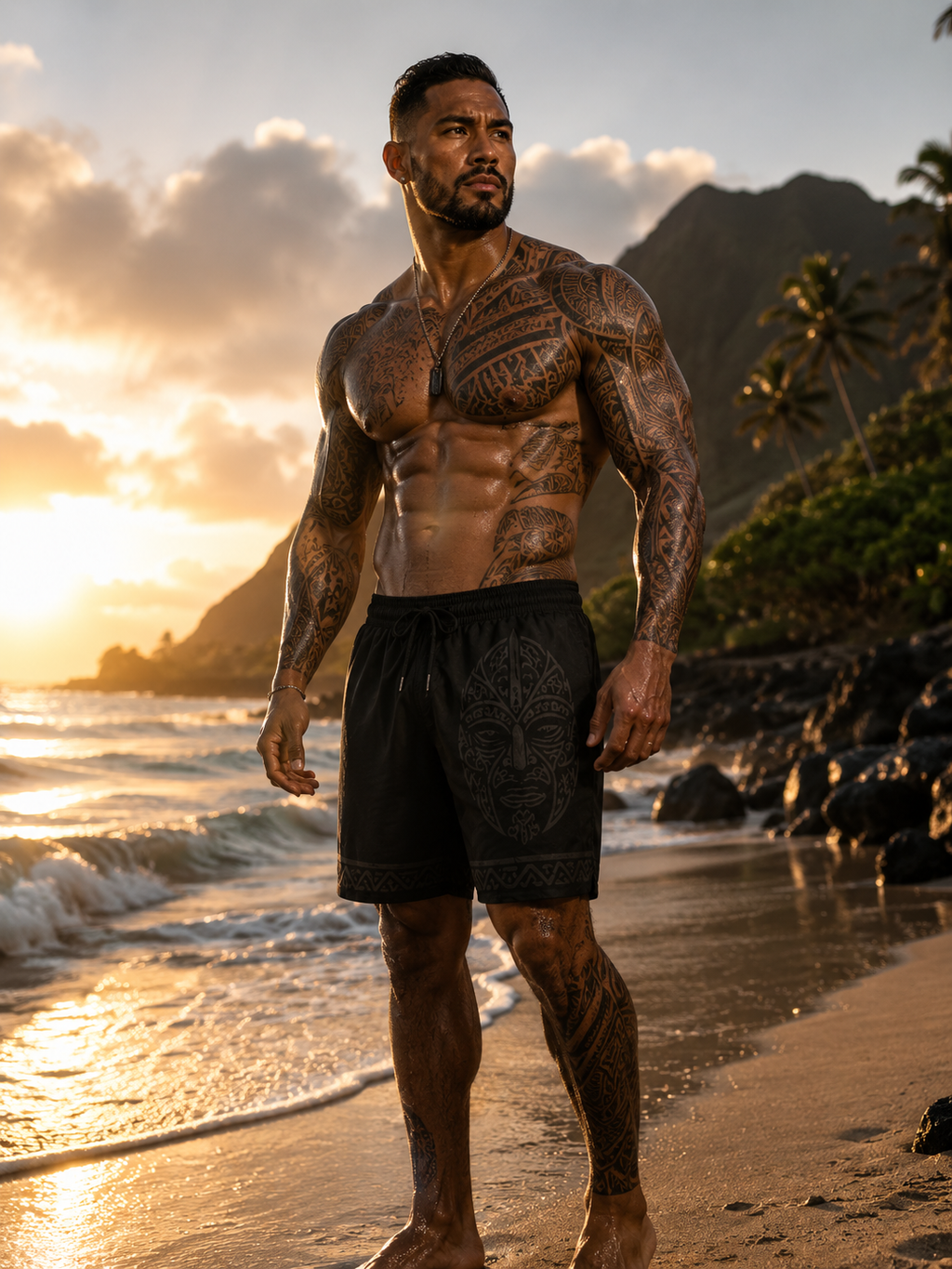 Island Warrior Tribal Mask Badeshorts – Mittellange Badeshorts für Herren