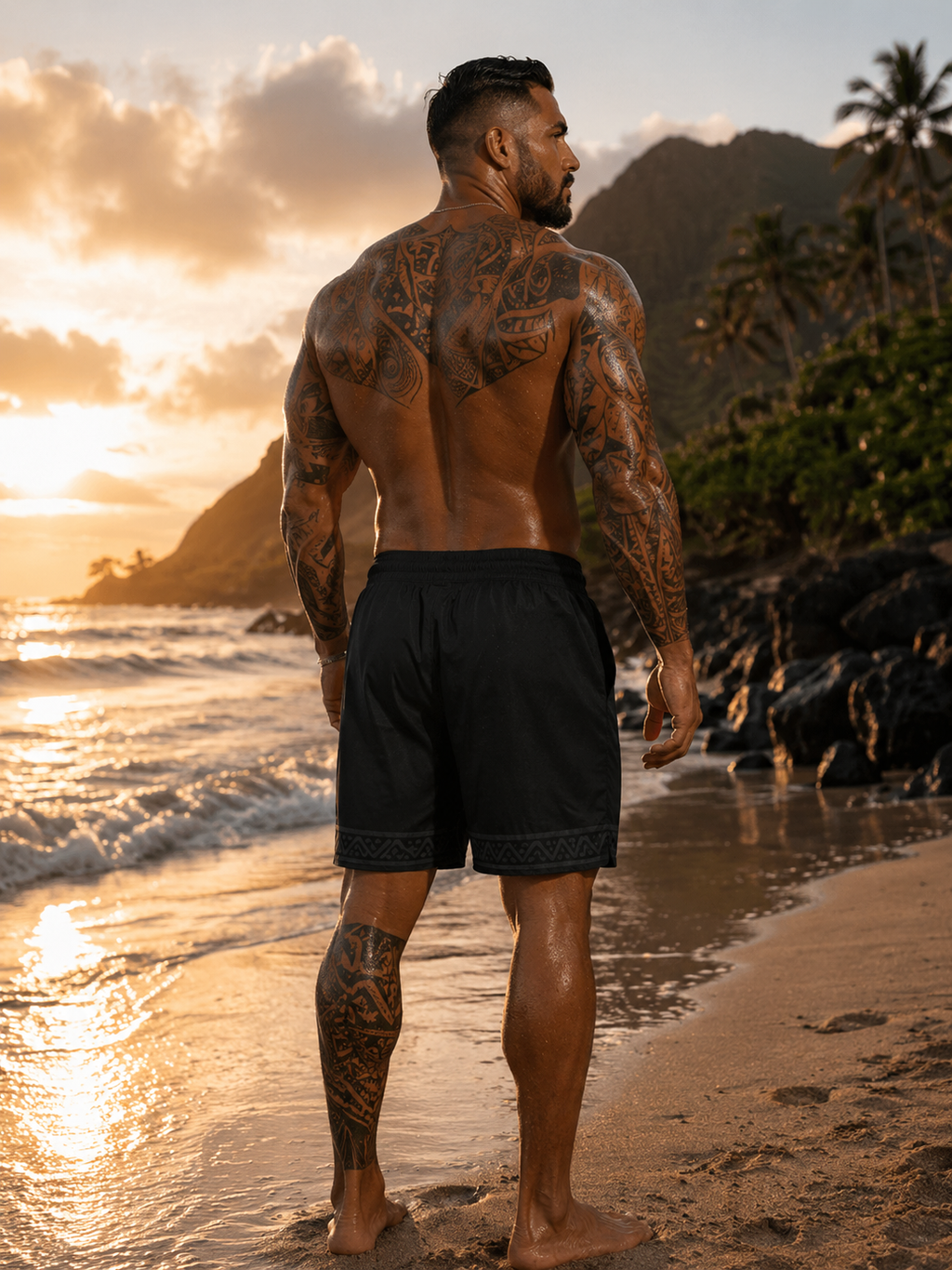 Island Warrior Tribal Mask Badeshorts – Mittellange Badeshorts für Herren