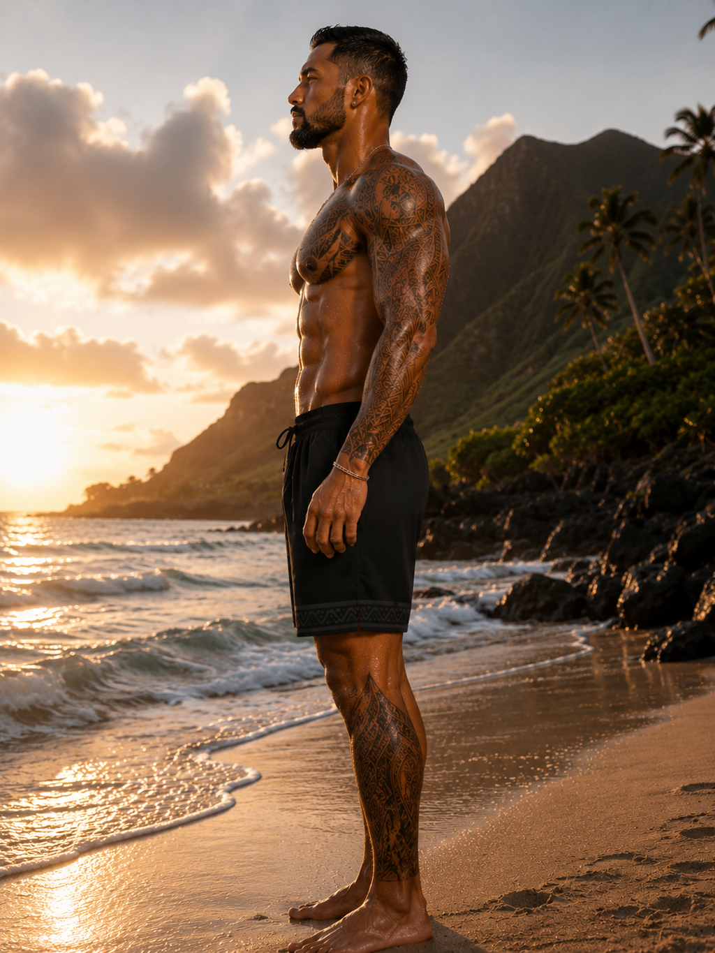 Island Warrior Tribal Mask Badeshorts – Mittellange Badeshorts für Herren