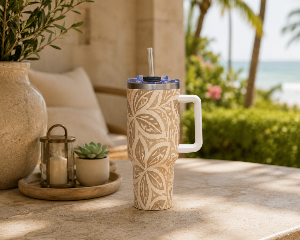 40oz Thermobecher — Beige mit Blumen-Mandala, isolierter Reisebecher