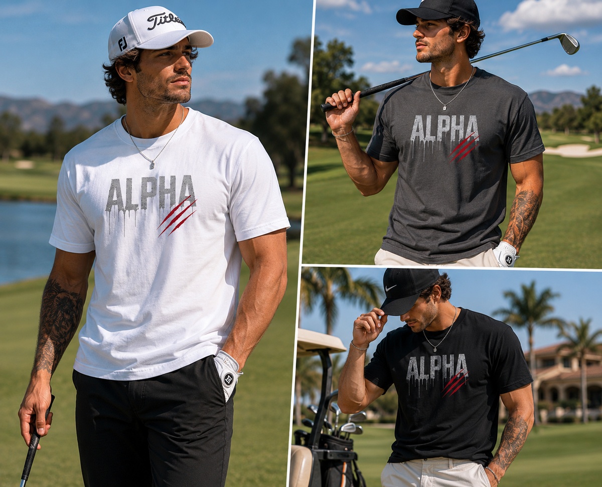 Collage of a man wearing Alpha brand t-shirts on a golf course.