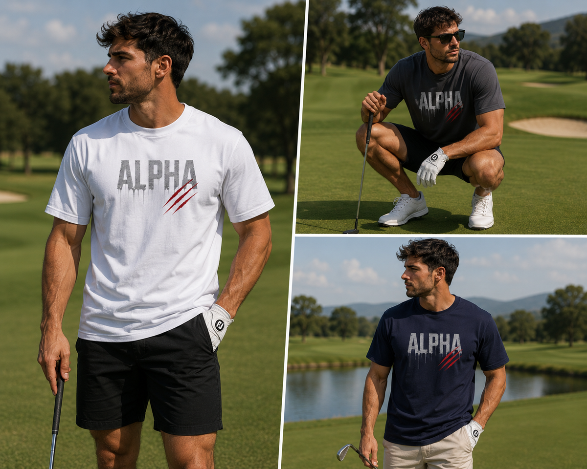 Man playing golf on a green course wearing Alpha t-shirts and shorts.