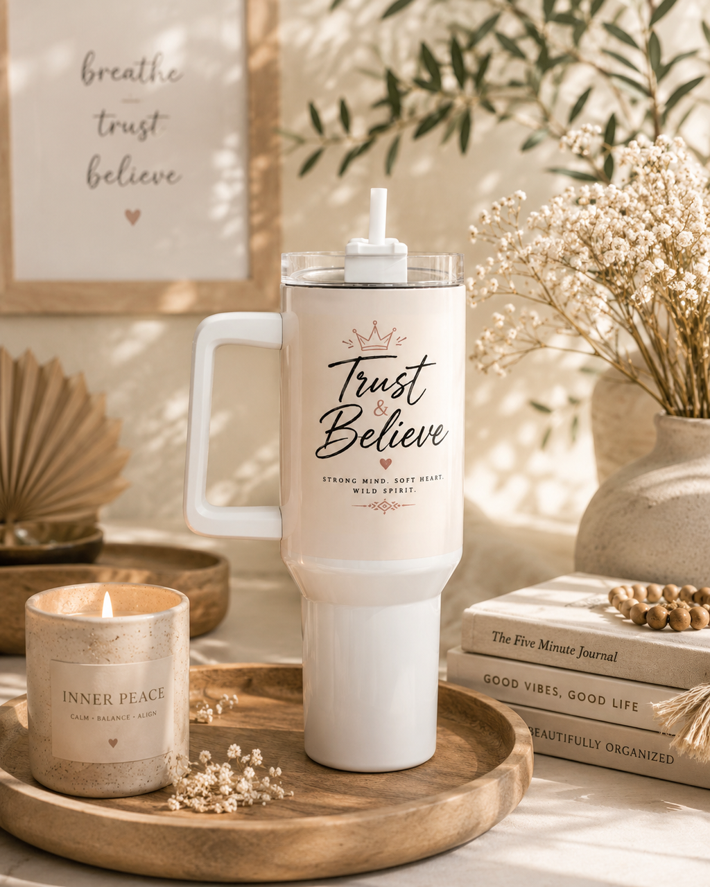 Vaso de 40 oz "Confía y Cree" – Taza de viaje inspiradora, aislada y con asa