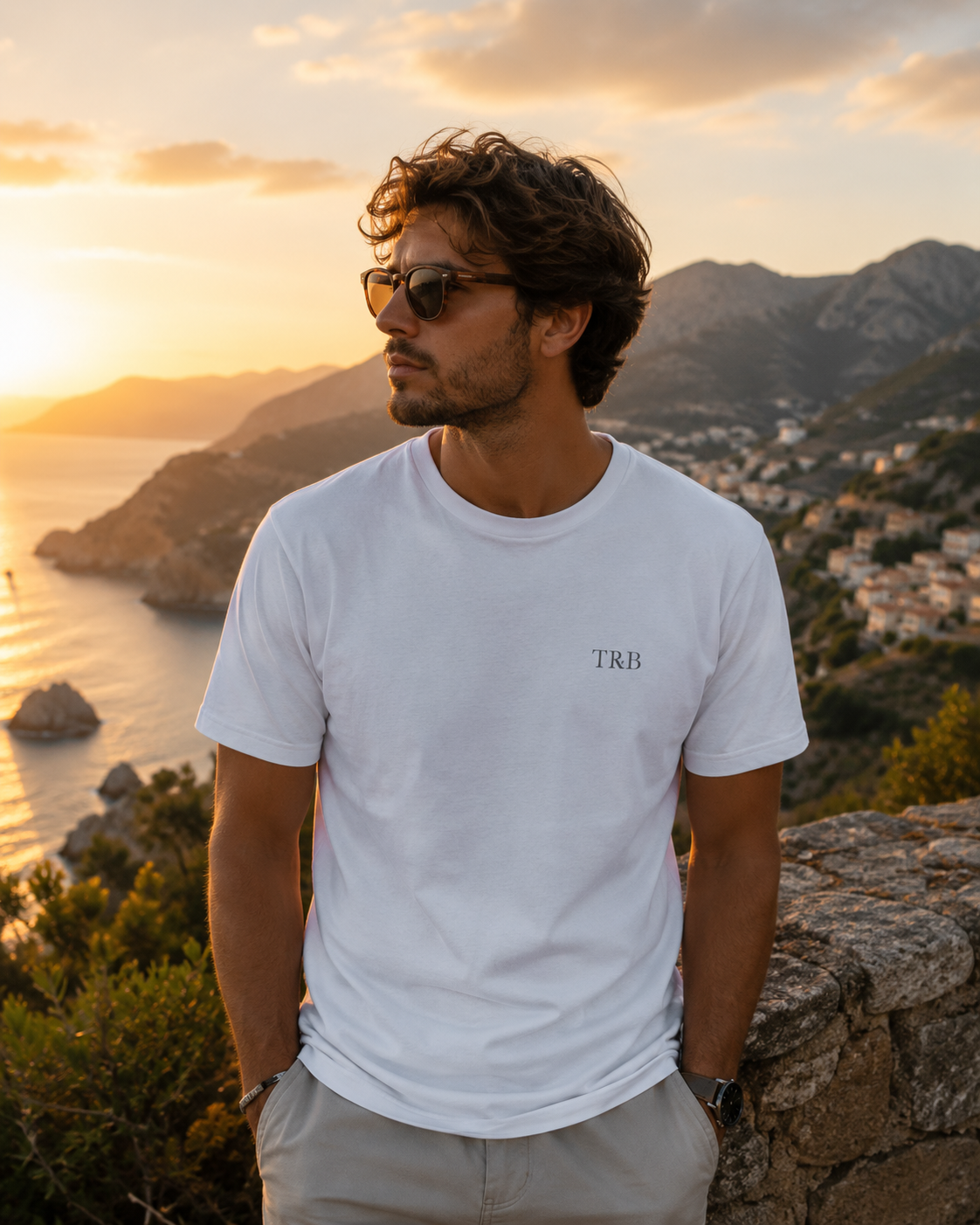 Man wearing a white t-shirt with 'TRB' logo at sunset with mountains and sea in the background