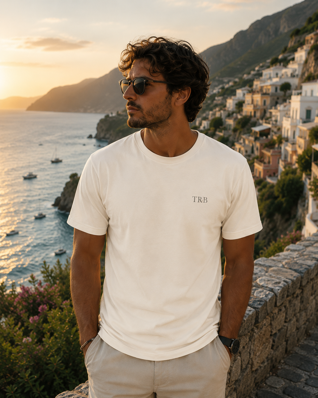 Man wearing a white t-shirt with 'TRB' logo overlooking a coastal town at sunset.