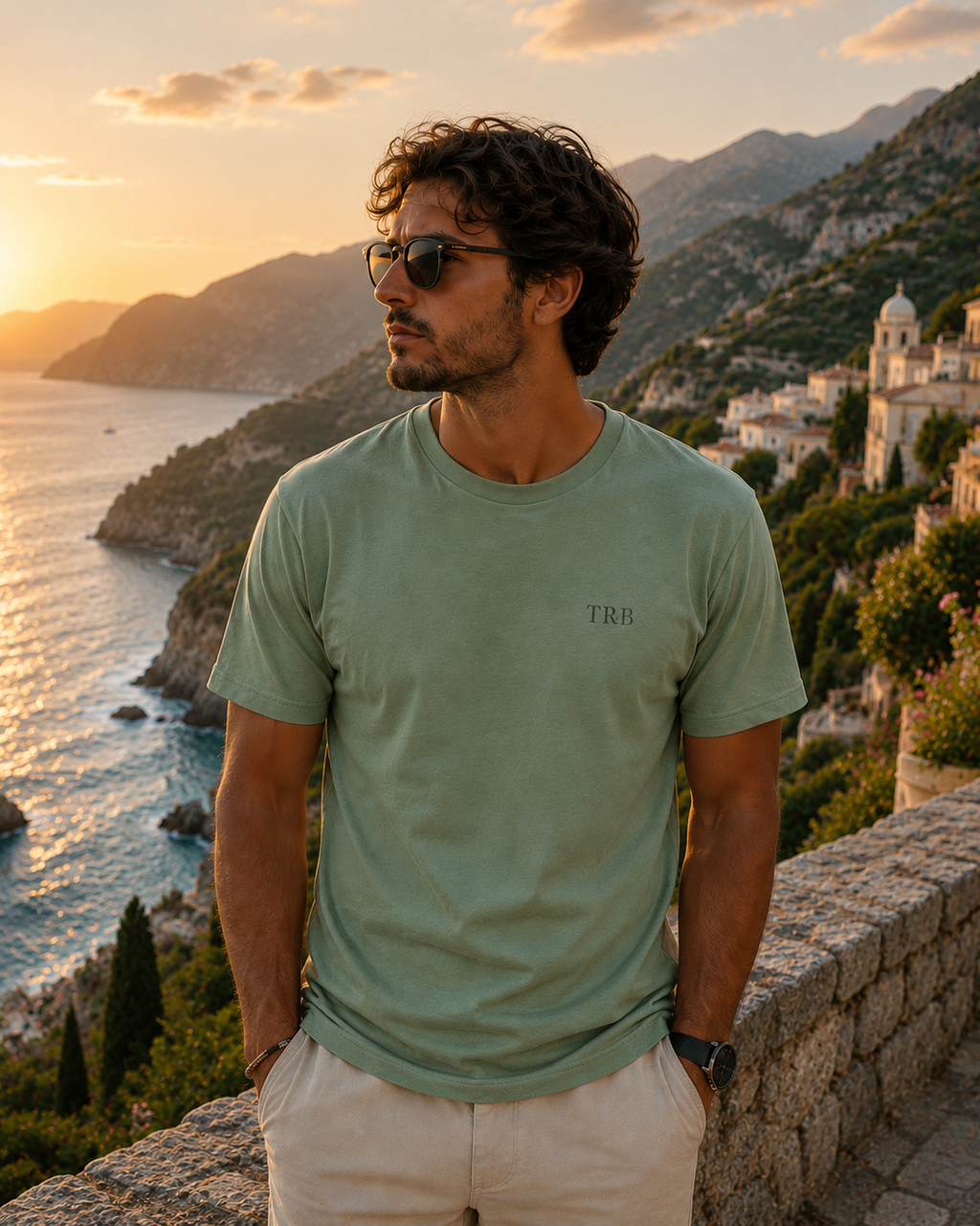 Man in a green t-shirt standing on a scenic overlook with mountains and sea.