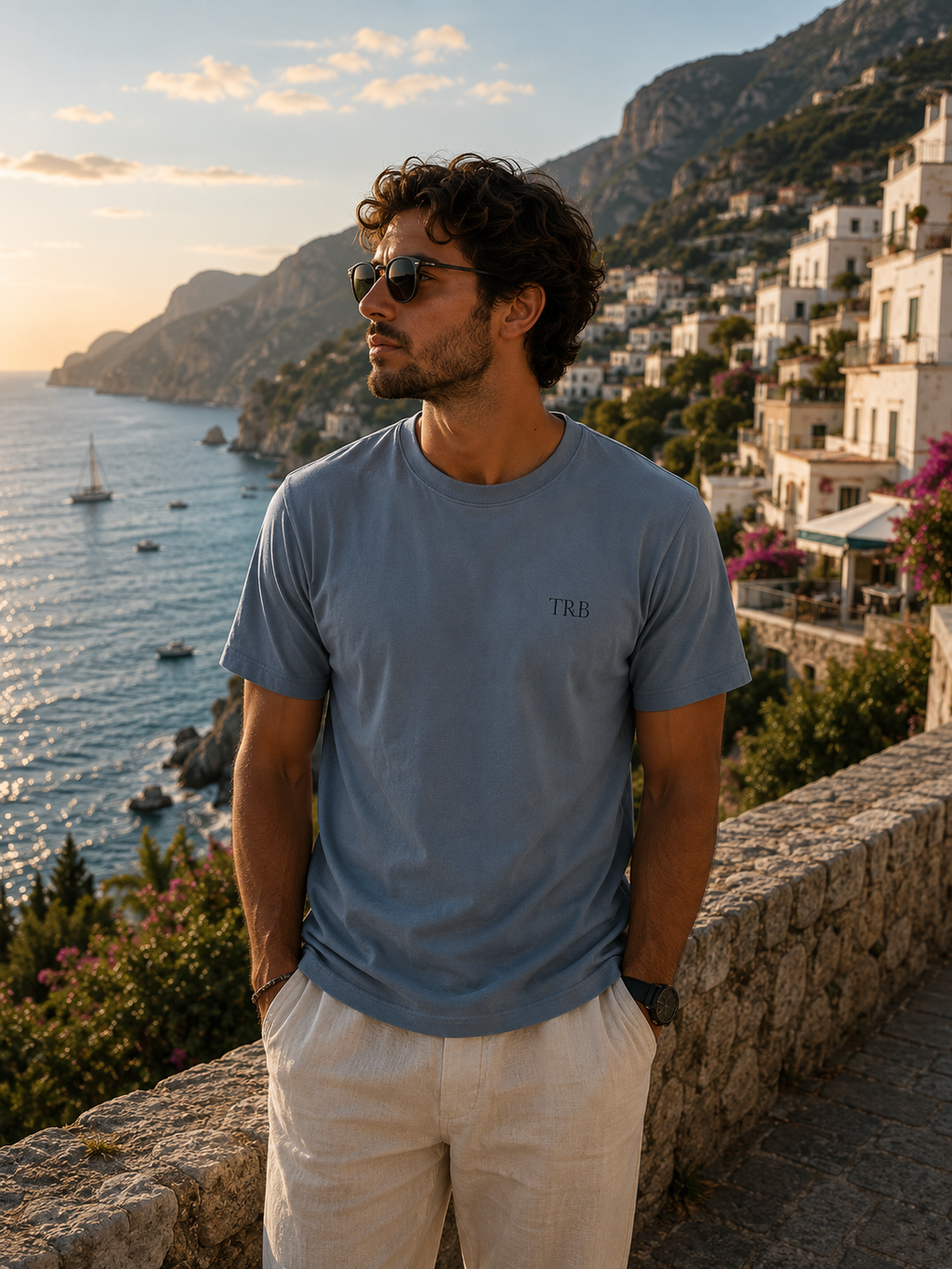 Man wearing sunglasses and a blue t-shirt with a scenic coastal view in the background
