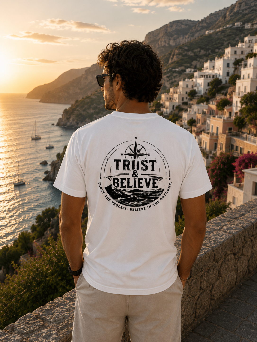 Man wearing a white t-shirt with 'Trust & Believe' design overlooking a coastal town at sunset.