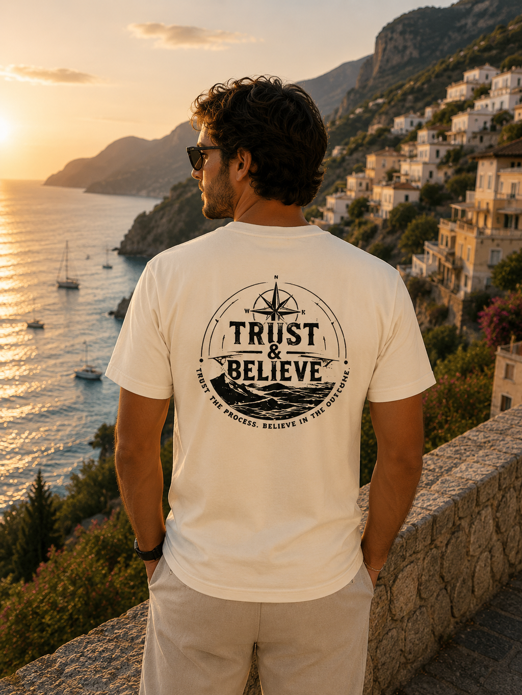Man wearing a 'Trust & Believe' t-shirt overlooking a scenic coastal town at sunset.