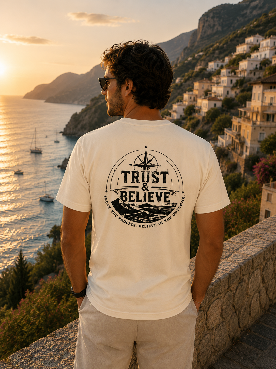 Man wearing a 'Trust & Believe' t-shirt overlooking a scenic coastal town at sunset.