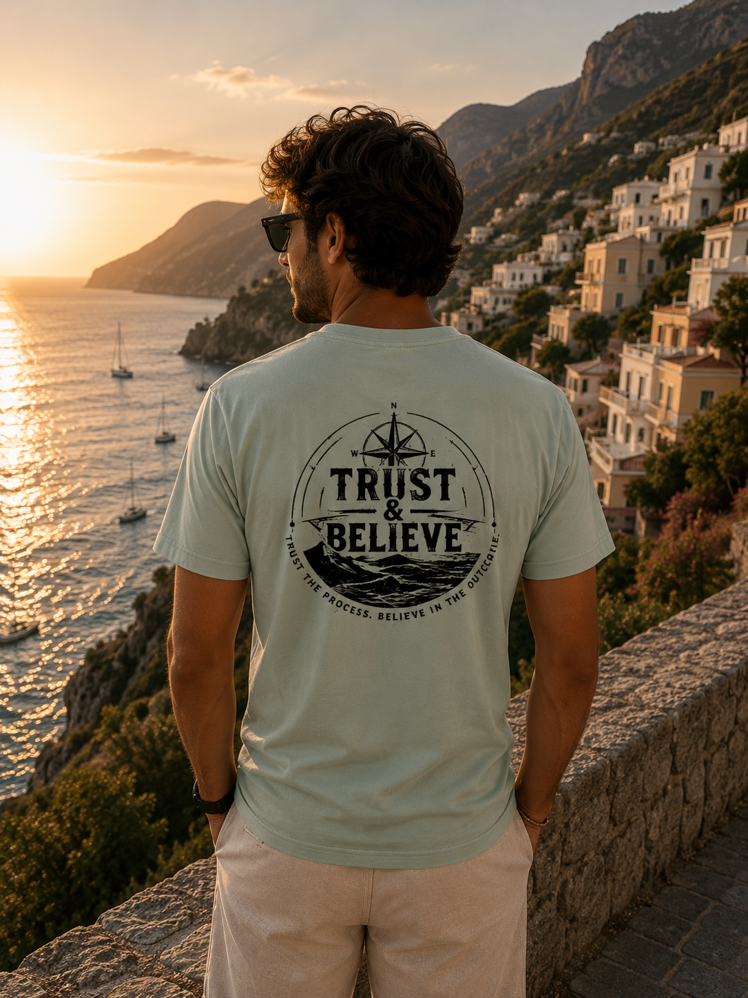 Man wearing a 'Trust & Believe' t-shirt overlooking a coastal town at sunset.