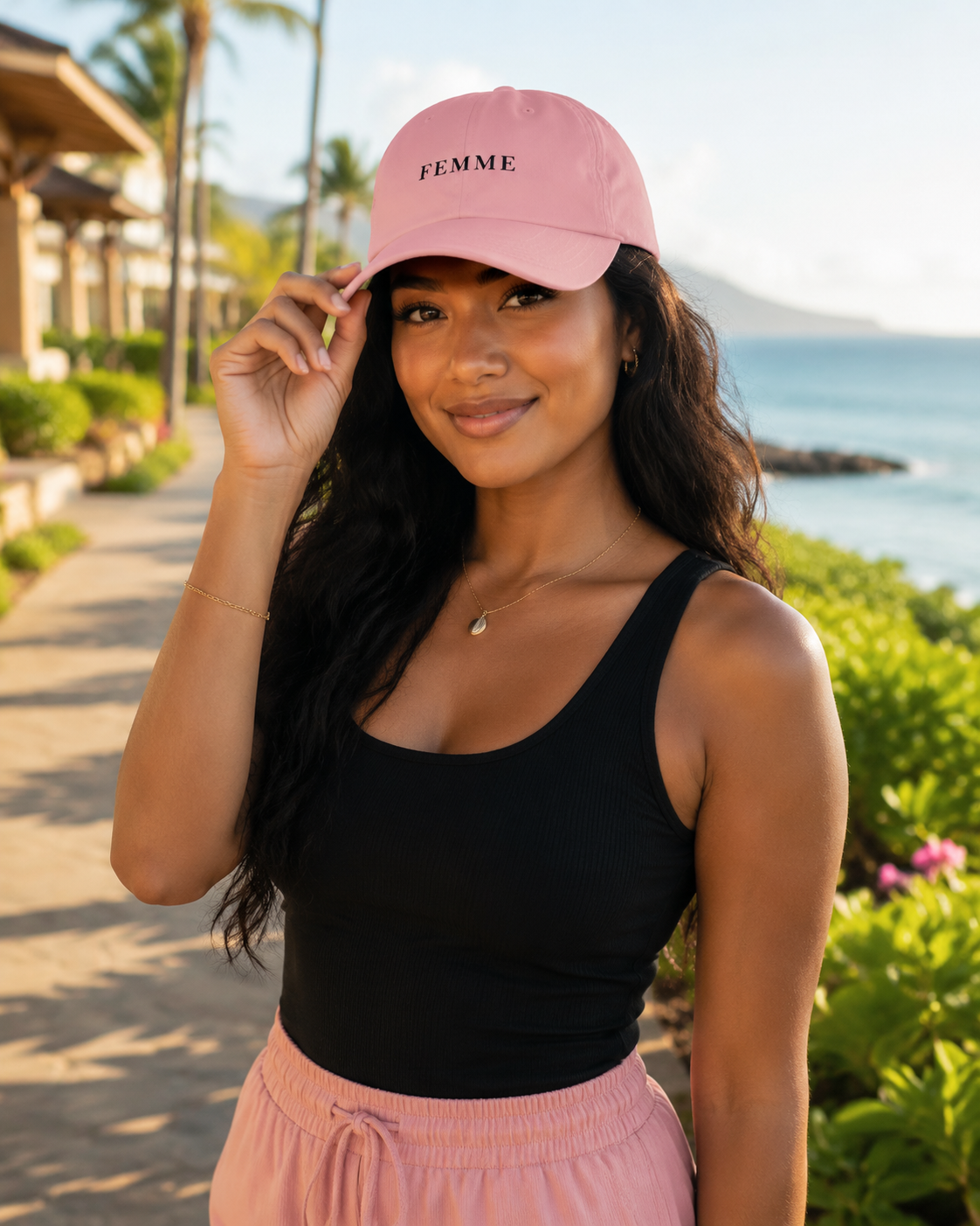 A woman wearing a pink baseball cap with 'FEMME' embroidered on the front, a black tank top, and pink drawstring shorts, standing outdoors near a tropical beach and palm trees.