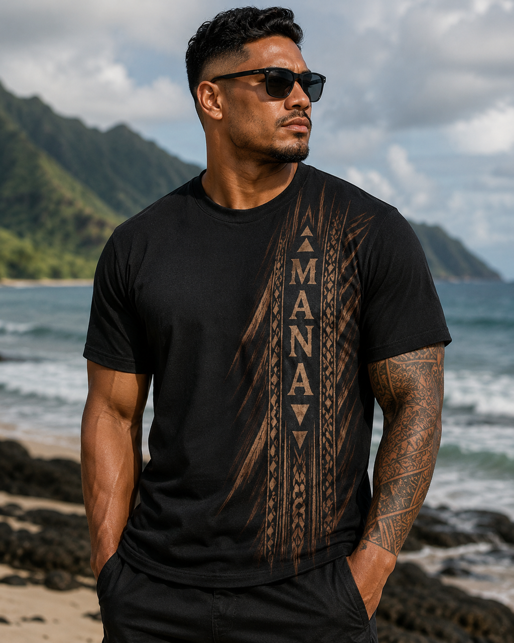 A man wearing a black t-shirt with a brown tribal-style graphic print featuring the word 'MANAVA' vertically, standing on a beach with mountains and ocean in the background.