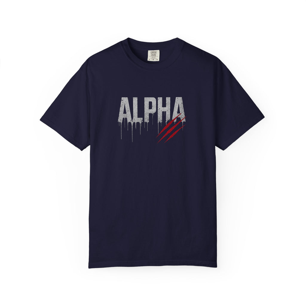 Navy blue t-shirt with 'Alpha' graphic design on a white background