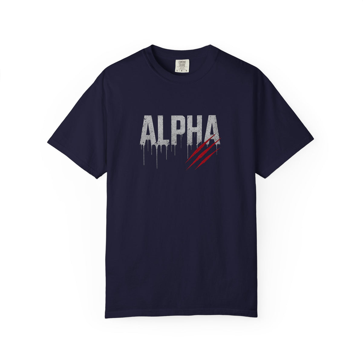 Navy blue t-shirt with 'Alpha' graphic design on a white background