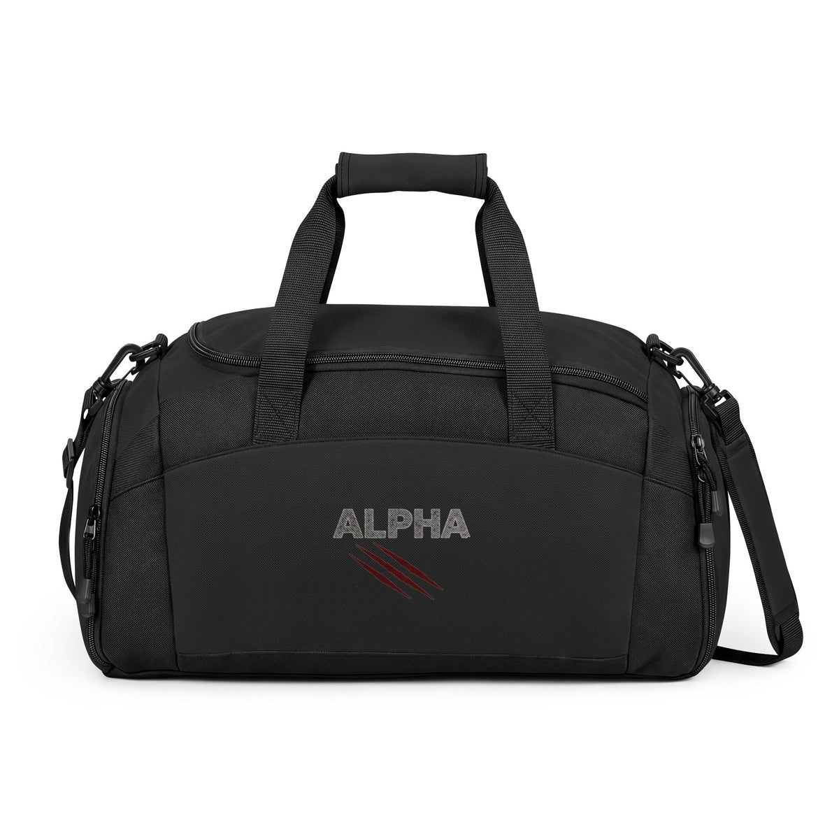 Alpha Gym Bag — Durable Black Duffle with 'ALPHA' Claw-Print Logo
