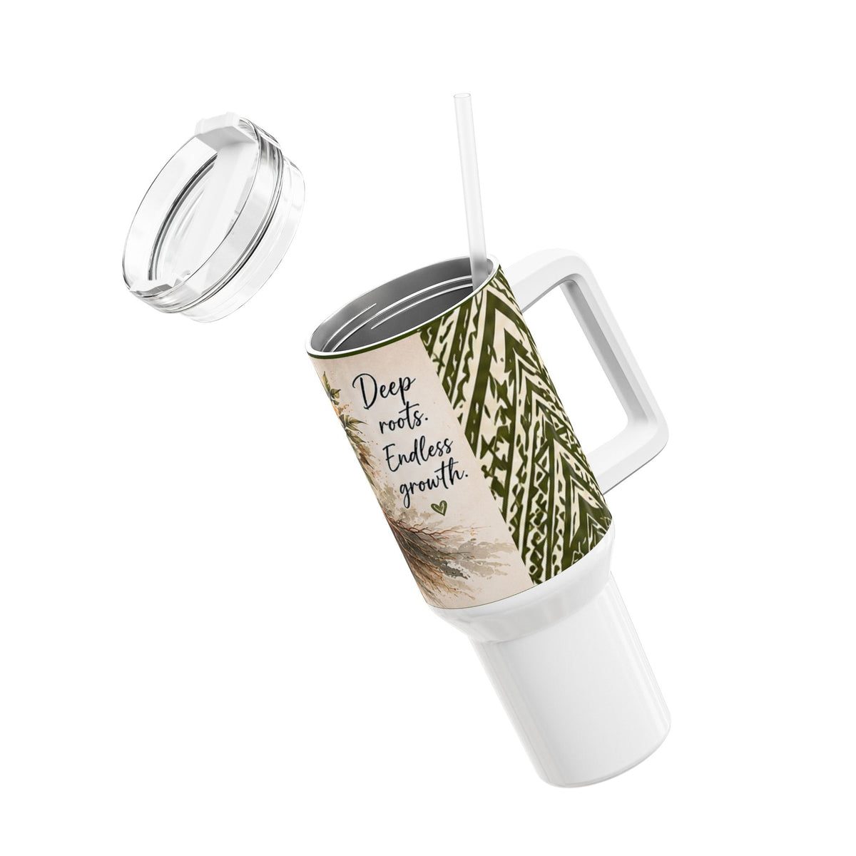 Vaso térmico Floral Roots de 40 oz — Diseño tribal Mauna "Raíces profundas, crecimiento interminable" Taza de viaje