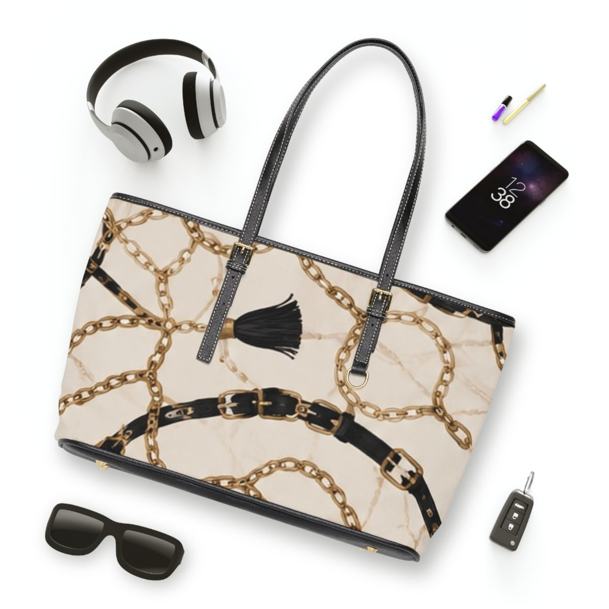 Chain Scarf PU Leather Shoulder Bag — Chic Tote with Decorative Chain