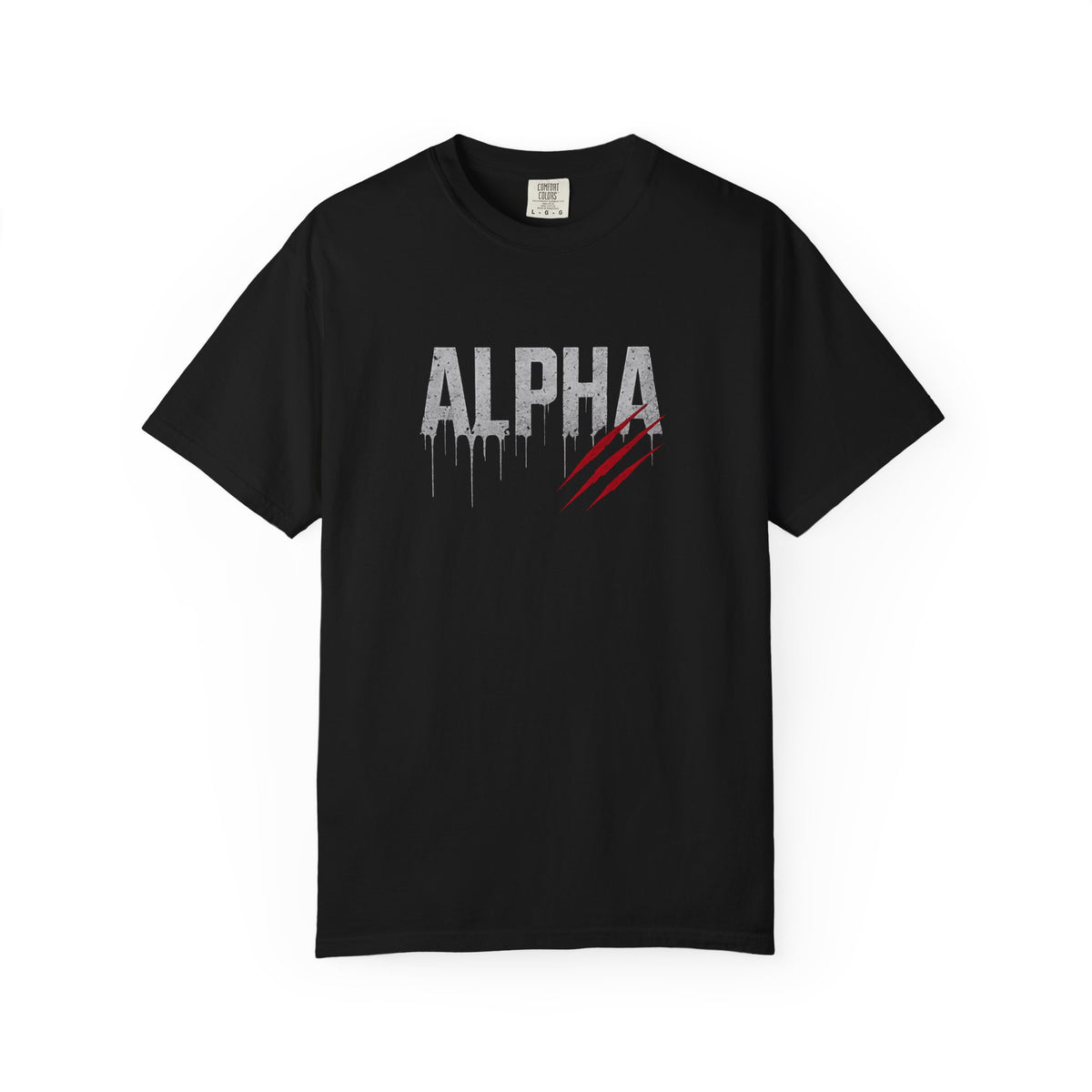 Black t-shirt with 'Alpha' graphic design on a white background